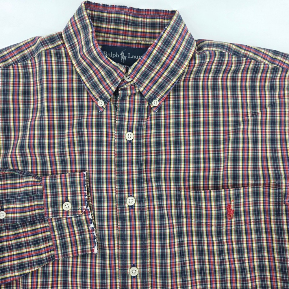 Ralph Lauren Blake Mens M Plaid Button Down Shirt Navy Two-Ply Cotton Preppy